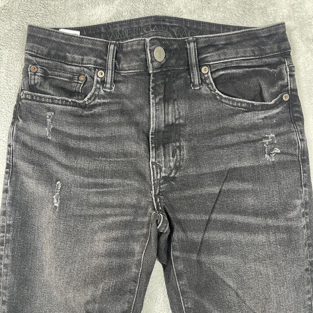 American Eagle Outfitters Mens 30x34 Black Denim Stretch Distressed Straight Leg - Picture 2 of 13